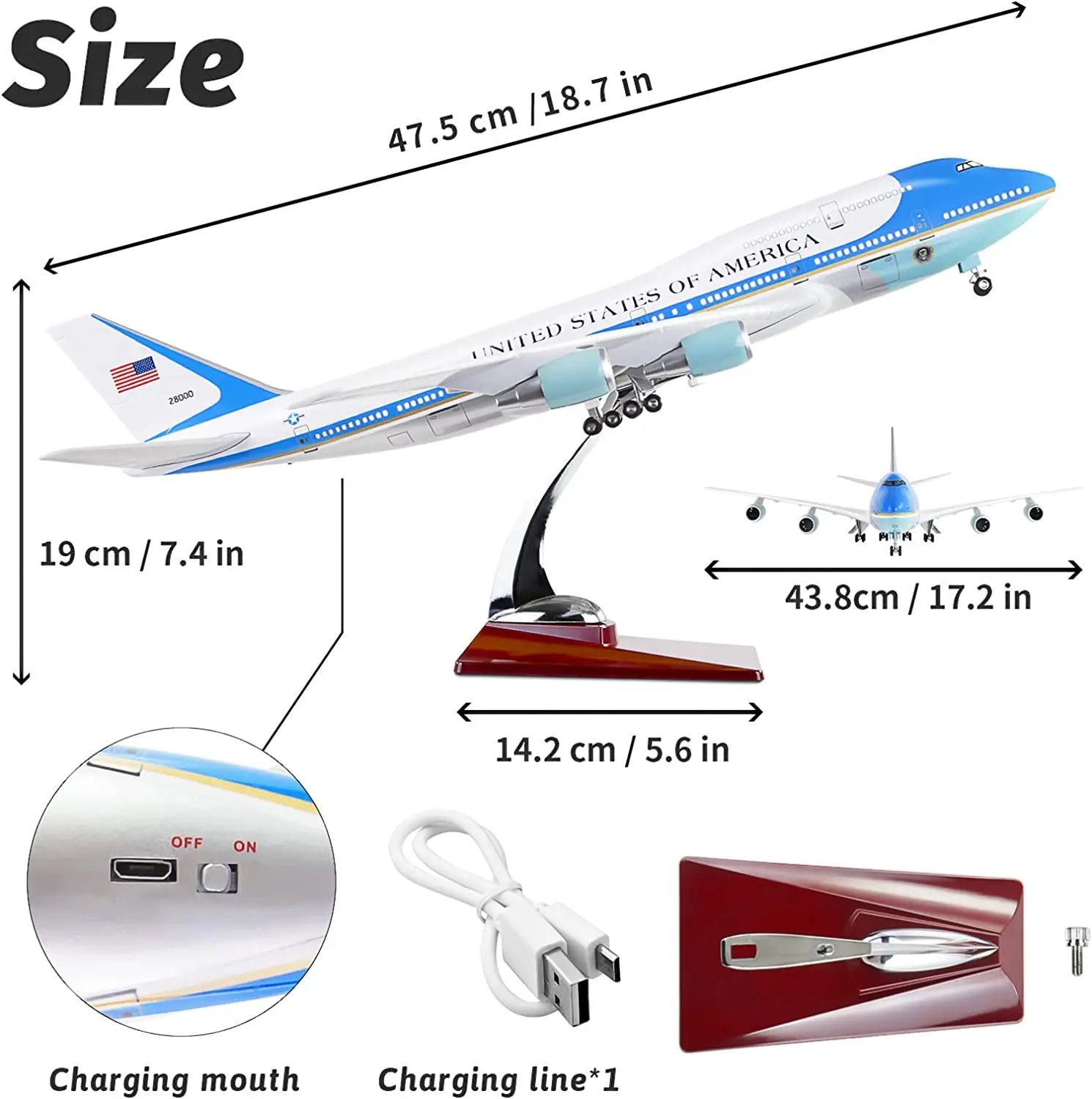 Imagem -06 - Air Force One Aircraft Airlines Avião Modelo com Luzes Brinquedos de Resina Boeing 747 17.2 Air Bus