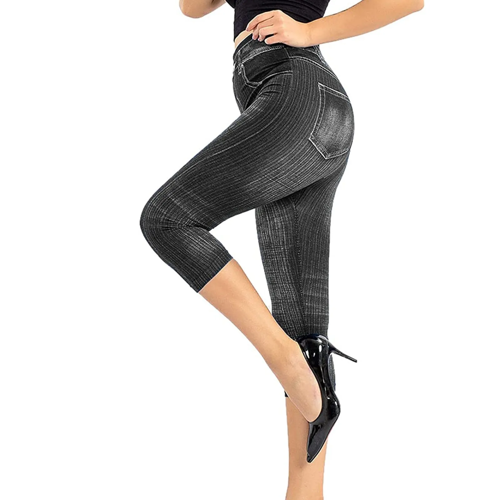 Frauen kurze Hosen Stretch Fitness gefälschte Taschen hohe Taille Hintern angehoben Faux Denim Jeans weiche lässige dünne Bleistift hose