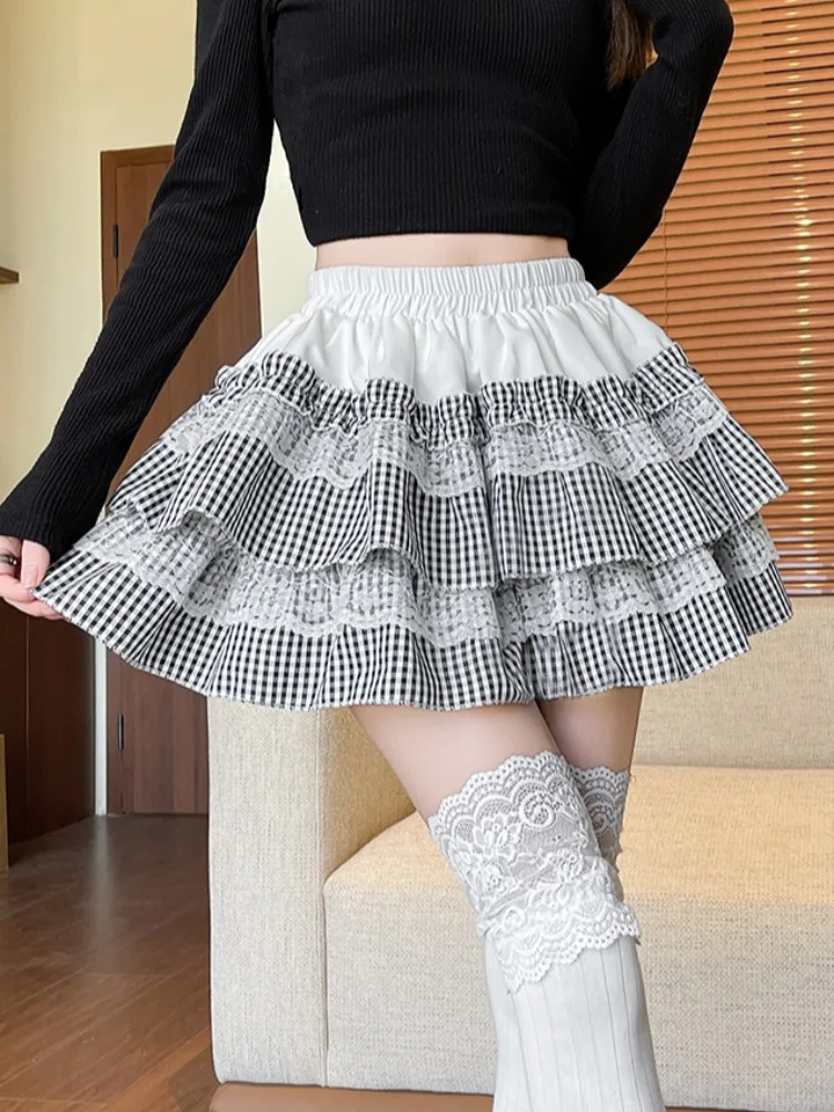

Pink Plaid Sweet Girl Puffy Cake Skirt Women's High Waist Anti-Light Lace Splicing A-Line Skirt Spring Summer Polyester