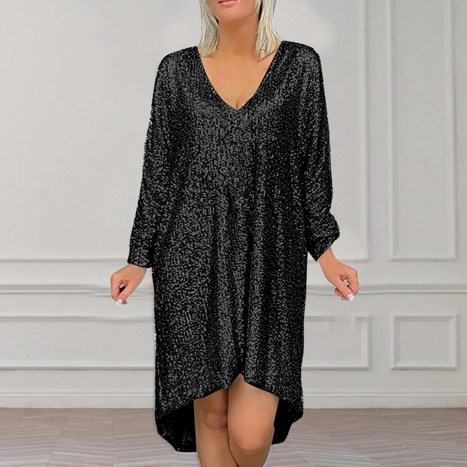 Elegant Loose Dress Solid Color Elegant Dress Fashion Shining Sequins Oversized Shift Dress Female Clothing