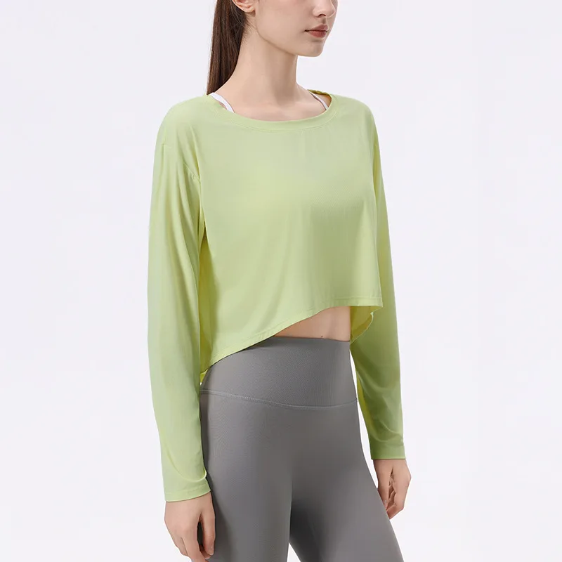 

Осенний шелковый женский солнцезащитный халат с длинными рукавами для йоги, дышащий свободный удобный укороченный топ, спортивная блузка для фитнеса и пилатеса