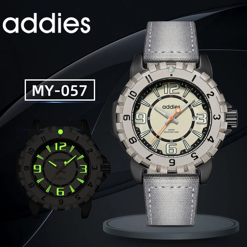 

ADDIES Мужские модные спортивные кварцевые часы с большим циферблатом 50 м Водонепроницаемые суперсветящиеся аналоговые часы Холщовый ремешок Стальной корпус MY-057