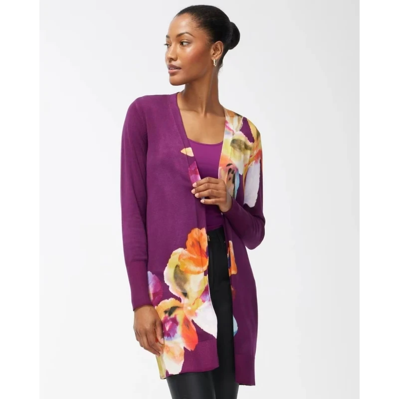 Cárdigan abierto con estampado floral de color morado puro, suéter fino de punto sin botones, Jaet, exterior de verano de fibra de poliéster de longitud media para mujer...