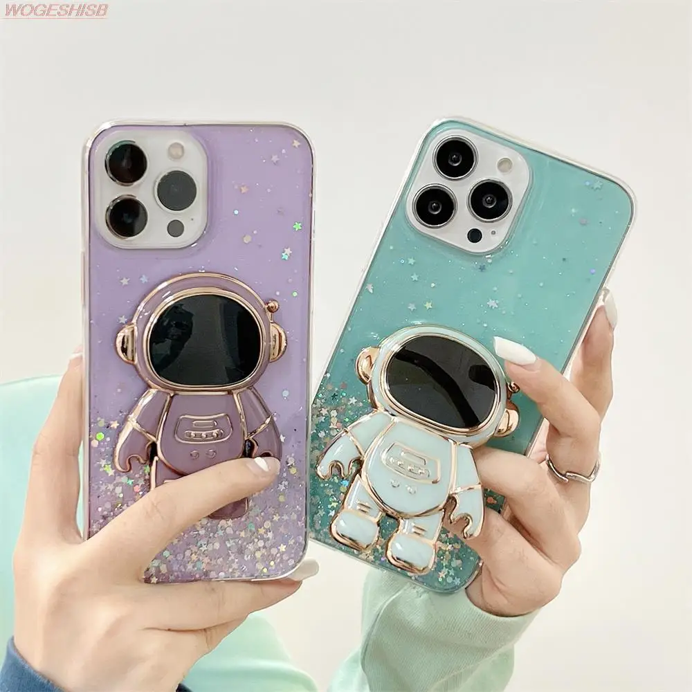 

Plating Astronaut Phone Holder Glitter Sequin Case For iPhone 14 13 12 mini 11 Pro Max XS XR X 6 6S 7 8 Plus SE 2020 Stand Cover