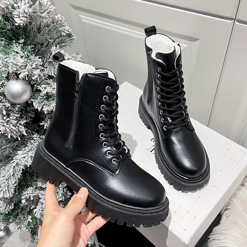 Women\'s Short Plush Warm Ankle Boots Winter 2023 Waterproof PU Leather Snow Boots Women Non-Slip Lace Up Platform Combat Booties