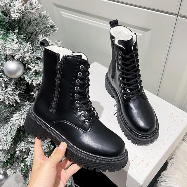 Women s Short Plush Warm Ankle Boots Winter 2023 Waterproof PU Leather Snow Boots Women Non Slip Lace Up Platform Combat Booties AliExpress