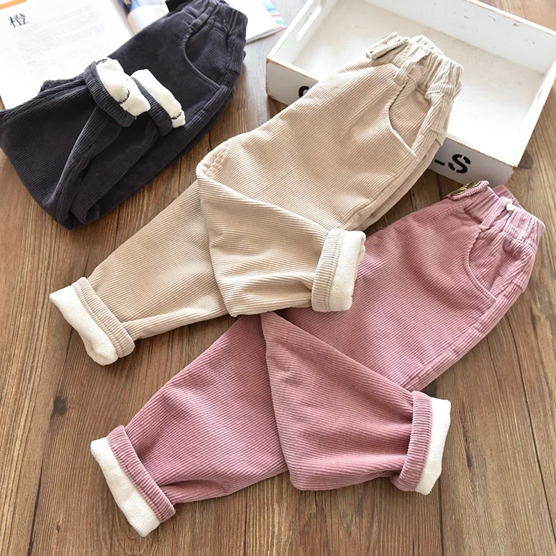 Children\'s Pants Autumn Winter Fleece Padded Trousers for Girls Solid Thickened Corduroy Pants Casual Loose Boys Pants