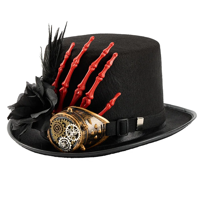 Unisex Felt Flat Top Cap Halloween Steampunk Hat Gothic Retro Monocle Lolita Skeleton Hand Rose Feather Gears Goggles Decorated