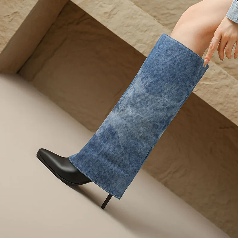 Kcenid Fashion Shoes Woman Autumn Winter Light Blue Women Knee High Boots Pointed Toe Thin High Heels Mixed Colors Long Boots