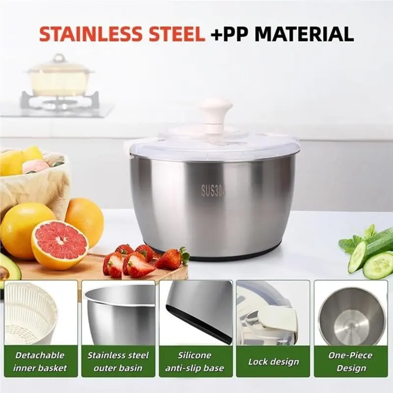 N96R Drainage Basket Included Stainless Steel Salad Spinner 6L-Large Capacity For Efficient Vegetable& Fruit Washing Spin