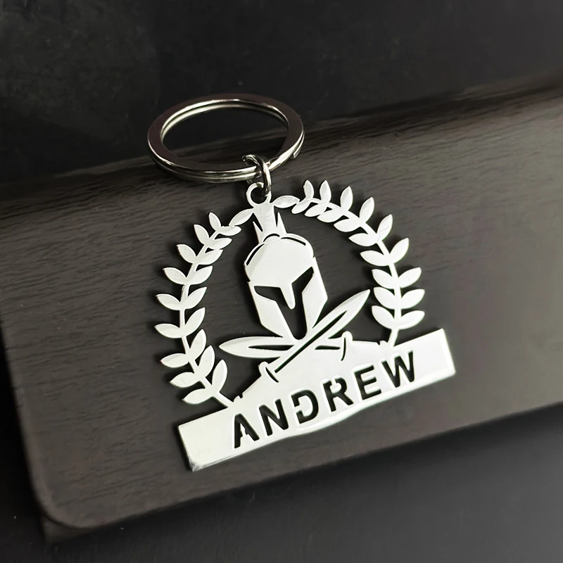 Custom Roman Warrior Helmet Name Keychain Wheat Wreath Pendant Keyring For Men Stainless Steel For Birthday Personalized Gift