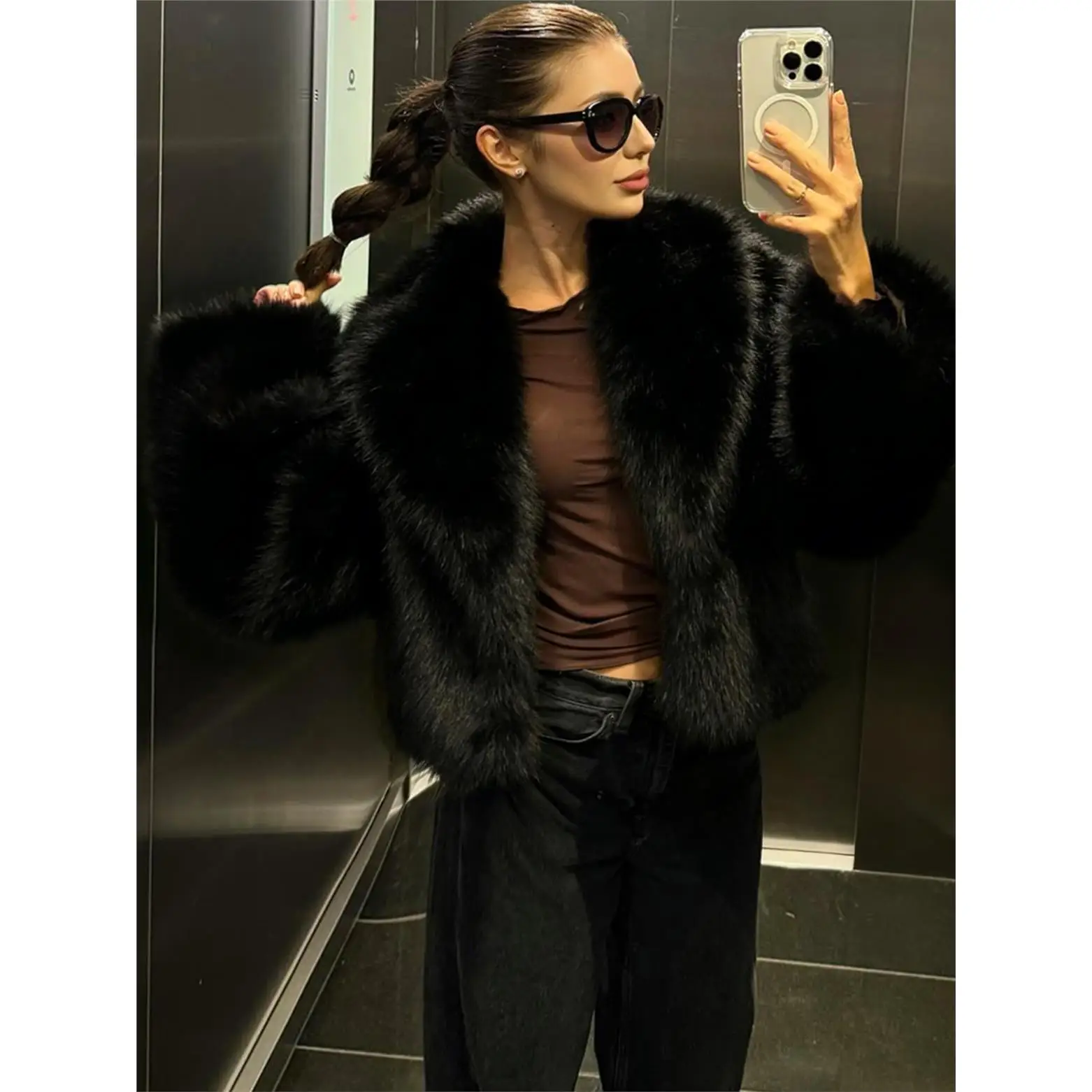 Thickened Autumn Winter Outerwear Women's Fashionable Fake Fur Coat Warm Plush 3D Effect  Fur Collar Long Sleeve Commute S...
