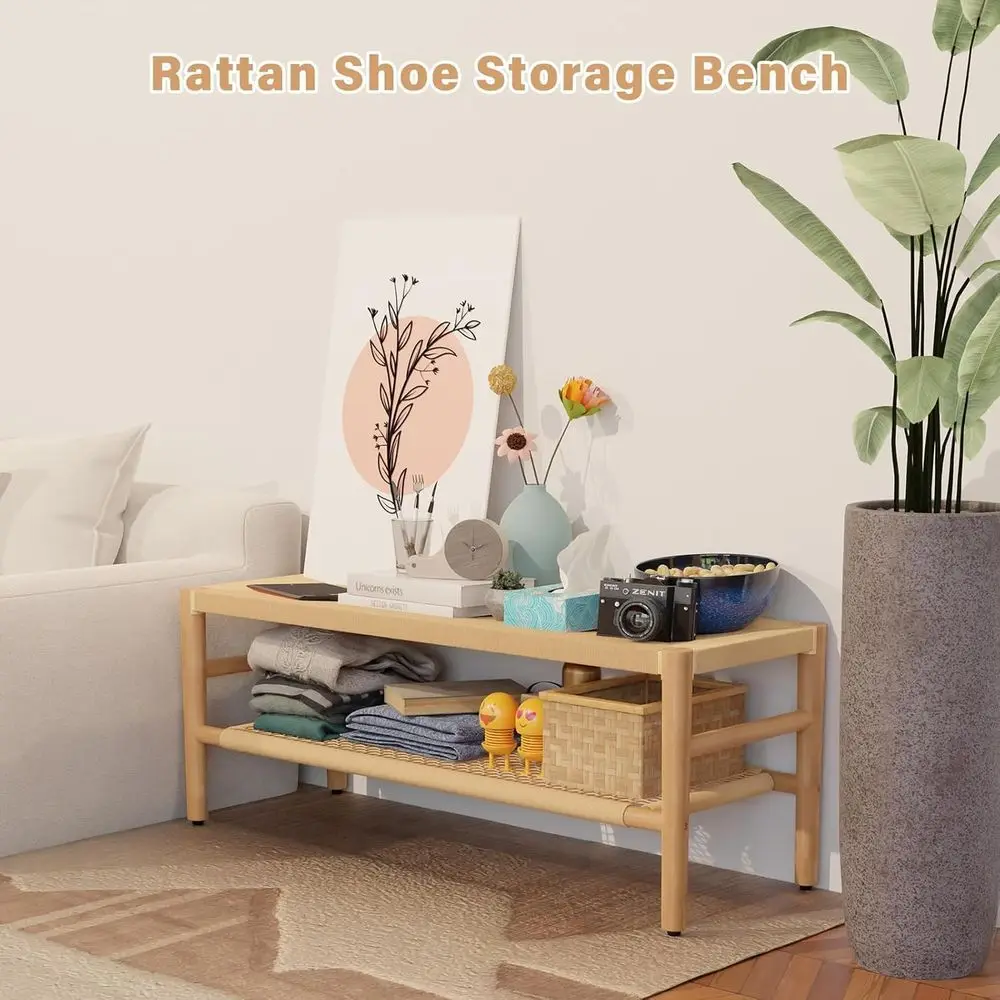 天然38.5籐製シューズラック、2段式、木製脚付き、玄関、リビング、廊下用のスタイリッシュな収納ベンチ