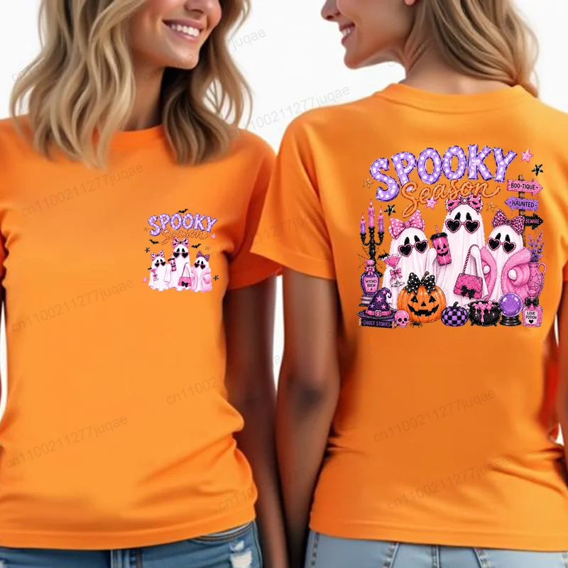 Women Halloween T‑shirt Spooky Season Preppy Shopping Ghost Print Tee Cute Pumpkin Bow Short Sleeve Autumn Holiday Party Tops