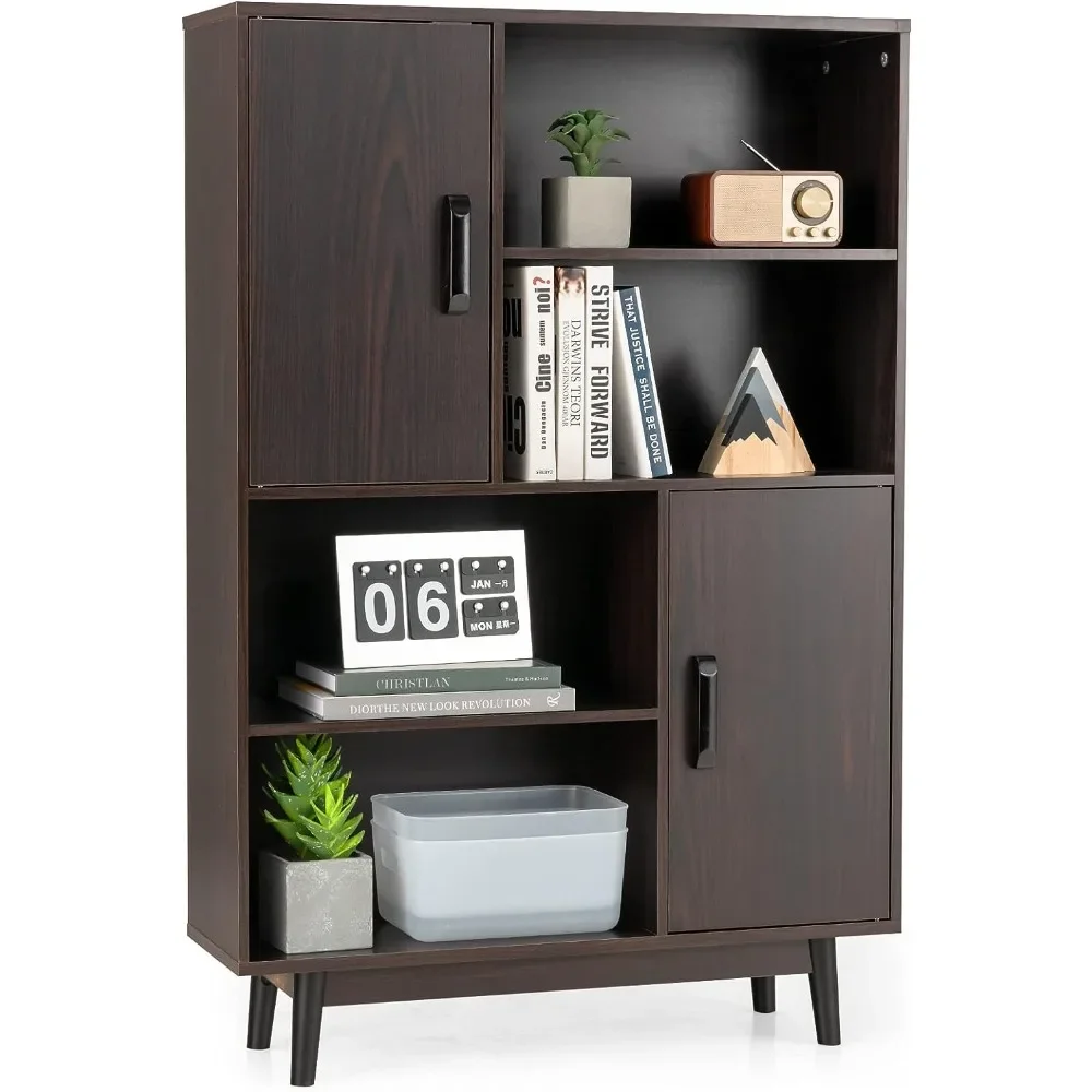 Storage Cabinet with Legs, Floor Cabinet with Doors, Shelves, Anti-Tipping Device, 4-Tier Bookshelf for Books & Photos, Cupboard