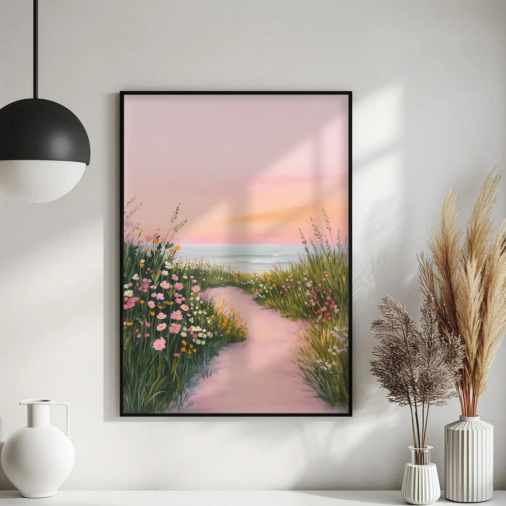 2D Flat, 2D Flat, 1pc Unframed Coastal Pathway Artwork Prints, Spring Flowers Canvas Paintings, Tranquil Sunset Wall Art Deco