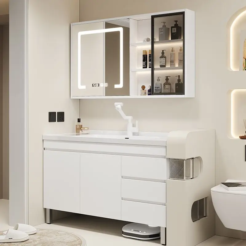 Modern simple bathroom floor-to-ceiling multi-layer solid wood bathroom cabinet combination ceramic integrated basin washbasin