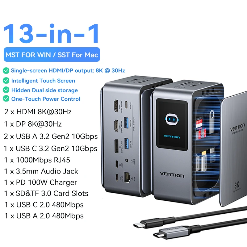 Vention 13-in-1 8K 30Hz USB-C HDMI Smart Screen MST Dockingstation USB 3.2 Adapter Hub voor MacBook Pro, HP, Lenovo, Dell Laptops