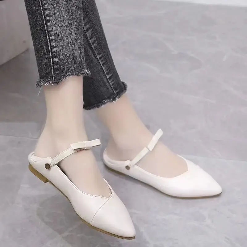 Black Moccasins Flat Flats Office Shoes for Women 2024 Formal Normal Leather Casual Ladies Summer Footwear Pointed Toe White 39