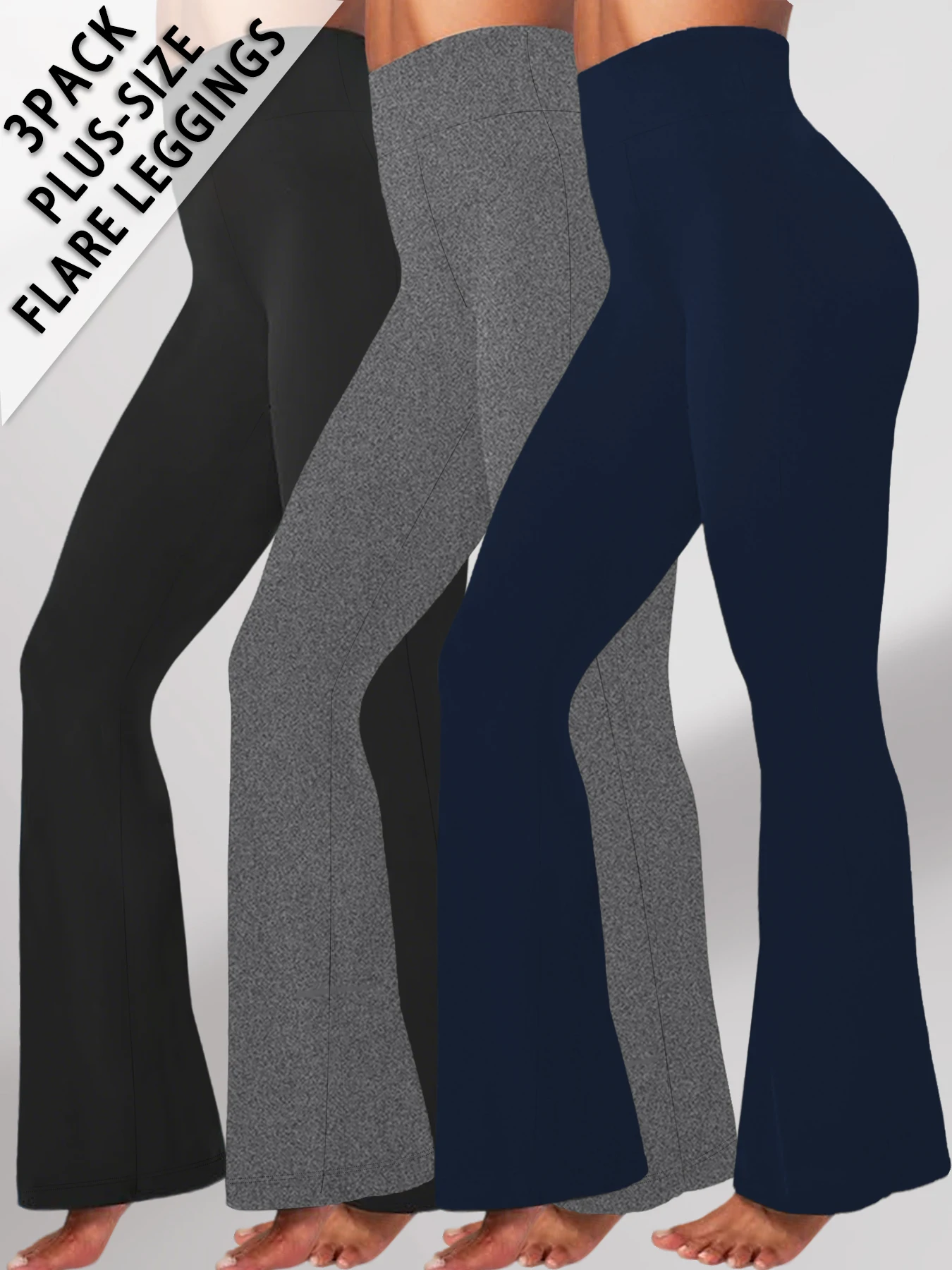 

Комплект из 3-х элегантных женских расклешенных брюк больших размеров с высокой талией для занятий йогой. Подходит для женщин, любящих носить леггинсы на отдыхе.