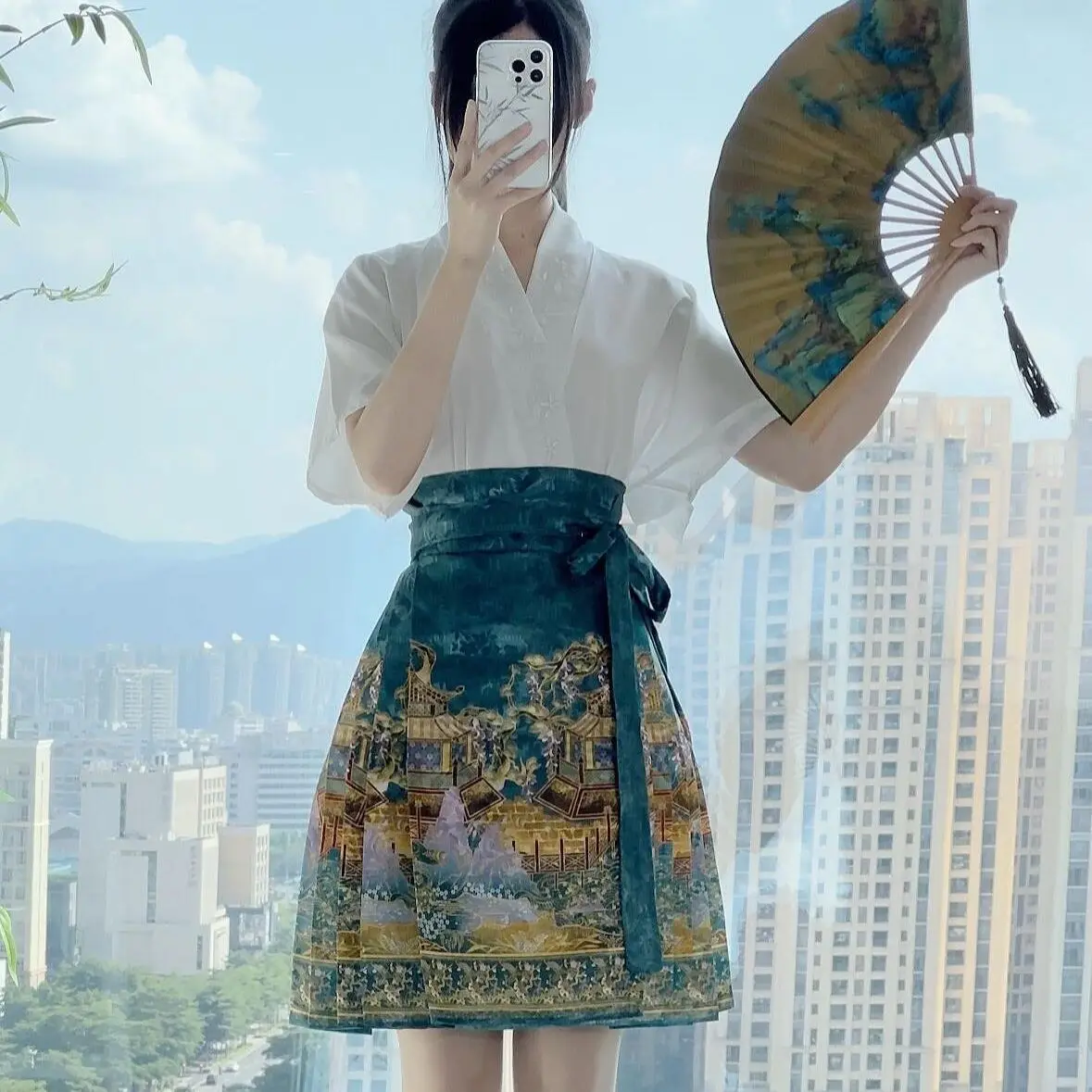 Brand New Half Skirt Modified Hanfu Fashionable High-waisted Laceup Printed Retro Simple Spring Street Summer Women