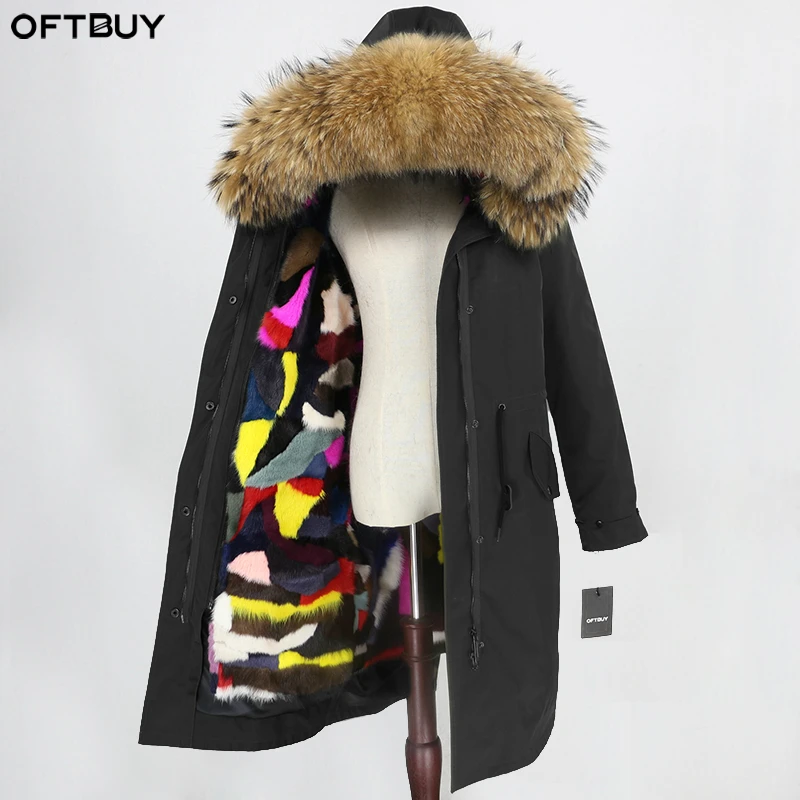 

OFTBUY X-long Real Fur Coat Winter Jacket Women Natural Fur Parka Mink Fur Liner Raccoon Fox Fur Collar Hood Warm Streetwear