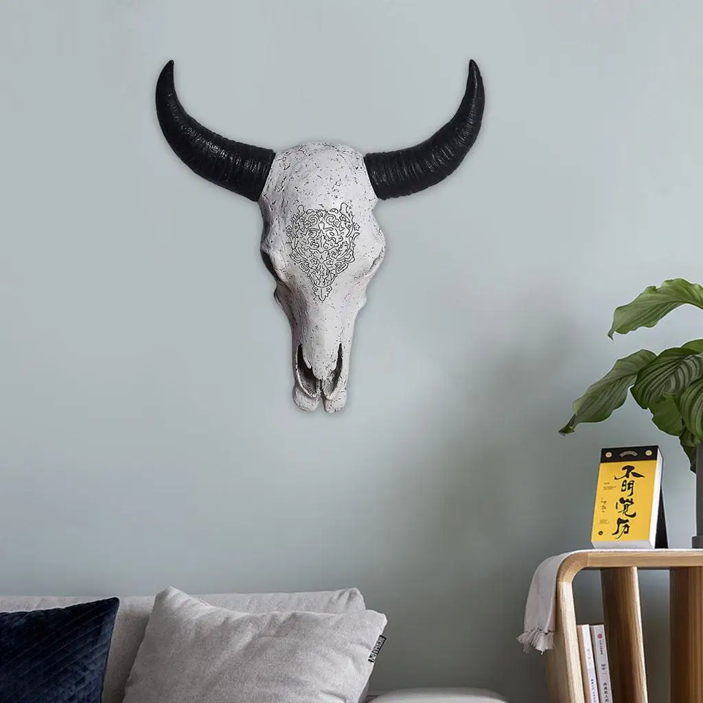 Resin Cow Head Wall Hanging Decor 3D Animal Wildlife Sculpture Figurines Crafts Horns for Living Room Home Decor