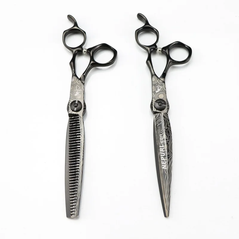 Professional Damascus Hairdressing Haircut Scissors 7 Inch 440C Barber Shop Hairdresser's Cutting Thinning Tools Salon Set