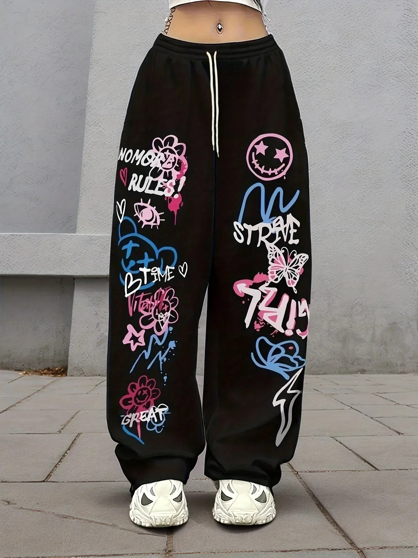 Women's Kids Casual Black Sportswear Pants Colorful Graffiti Print Comfortable Straight-leg Spring Autumn Wear