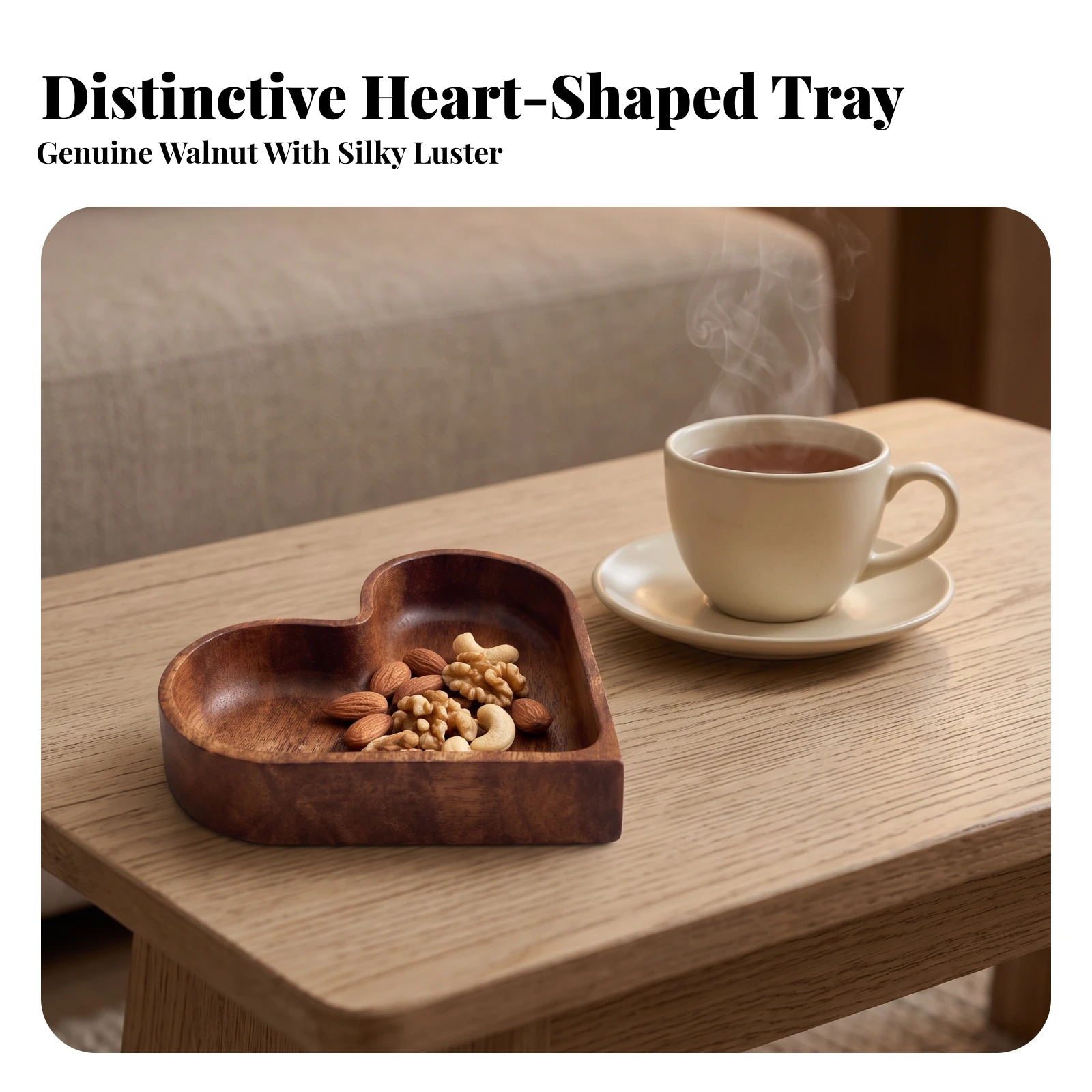 Heart-Shaped Tray Artisan Wood Tray with Raised Sides Decorative for Tabletop, Desk