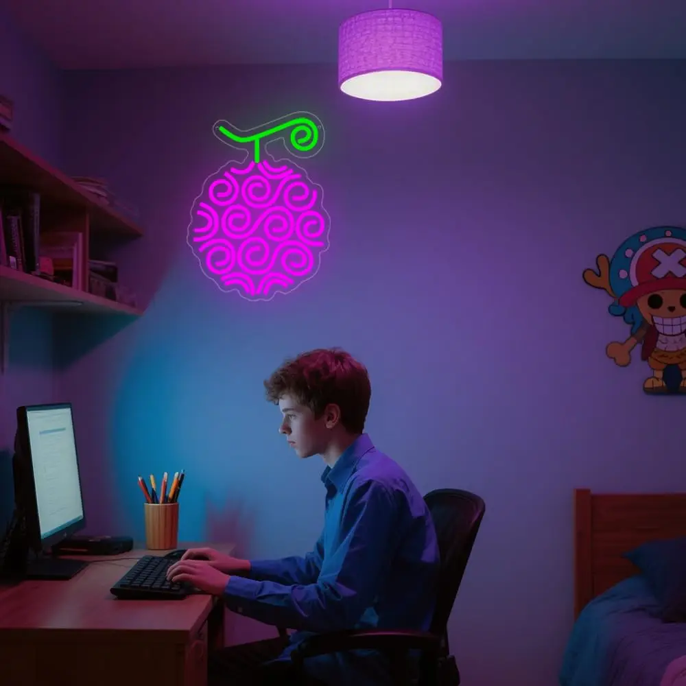 Sinal LED de fruta do diabo roxo - decoração de parede de néon de uma peça |   Ideal para casa, salas de jogos, bares, fãs |   Presente e decoração exclusivos de anime