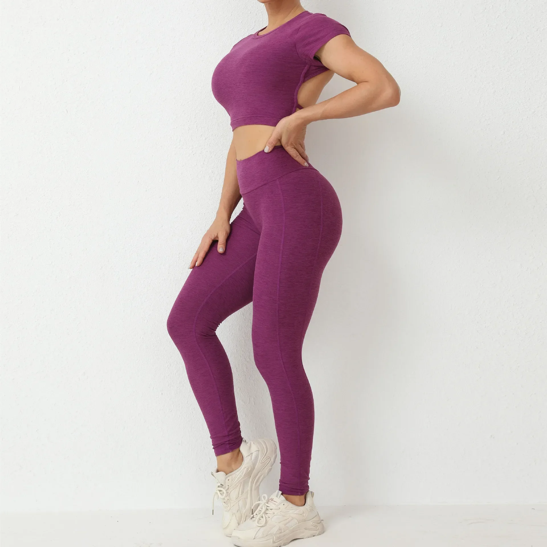 Conjunto de mallas deportivas con espalda descubierta para mujer, traje de gimnasio Sexy, chándal de manga corta para Fitness, ropa de Yoga rosa