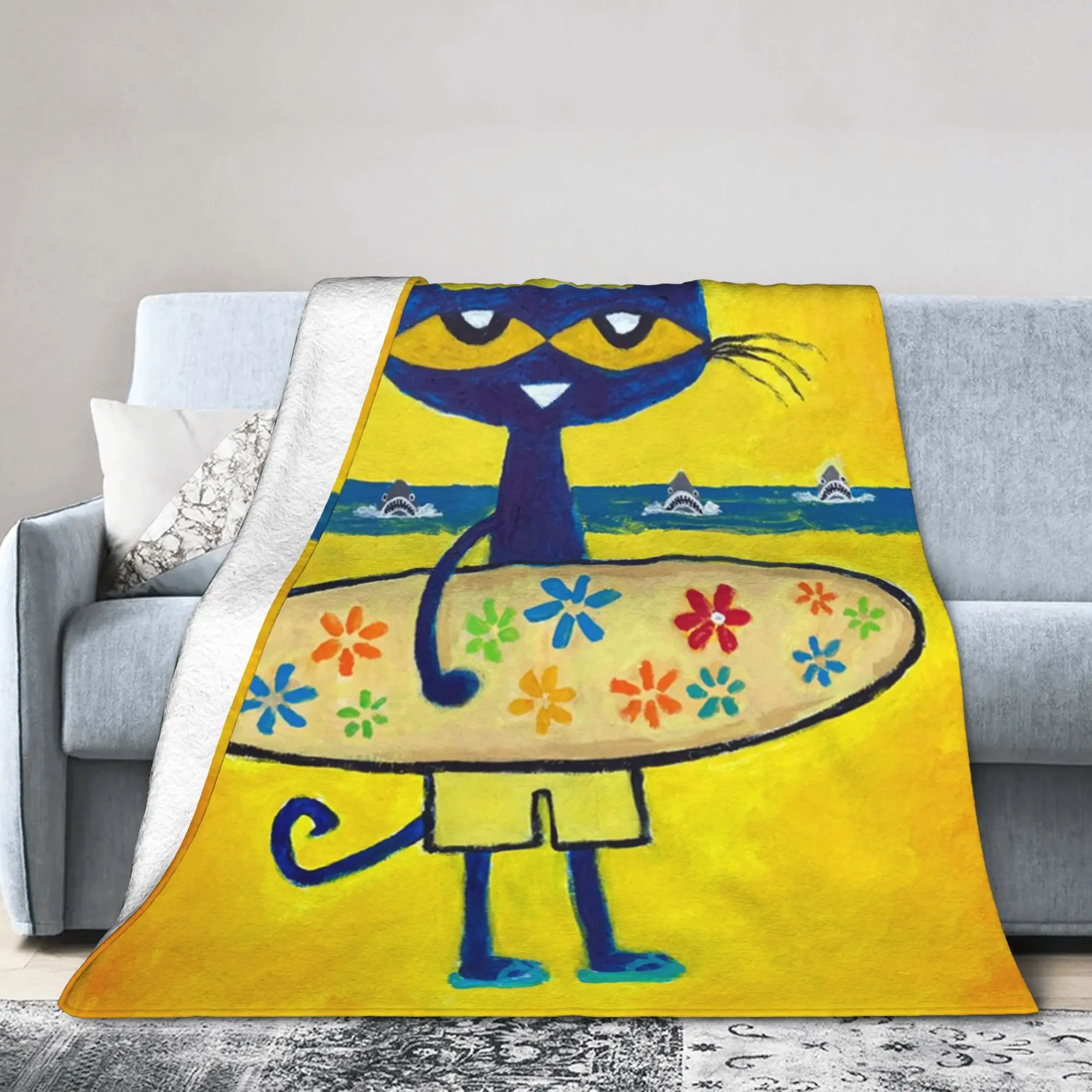 Groovy Cat Pete the Cat  Flannel Blanket  Funny Throw Blanket for Home Hotel Sofa  150*125cm Rug Piece