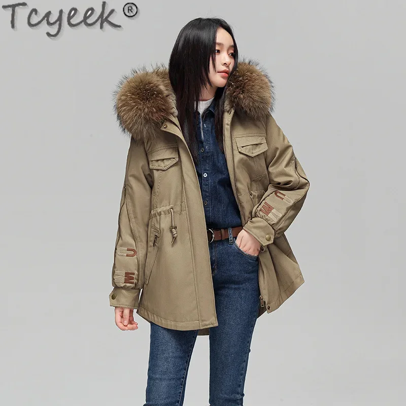 

2024 Tcyeek Mid-long Parka Female Elegant Rex Rabbit Liner Detachable Coat Winter Women Clothes Warm Raccoon Fur Collar