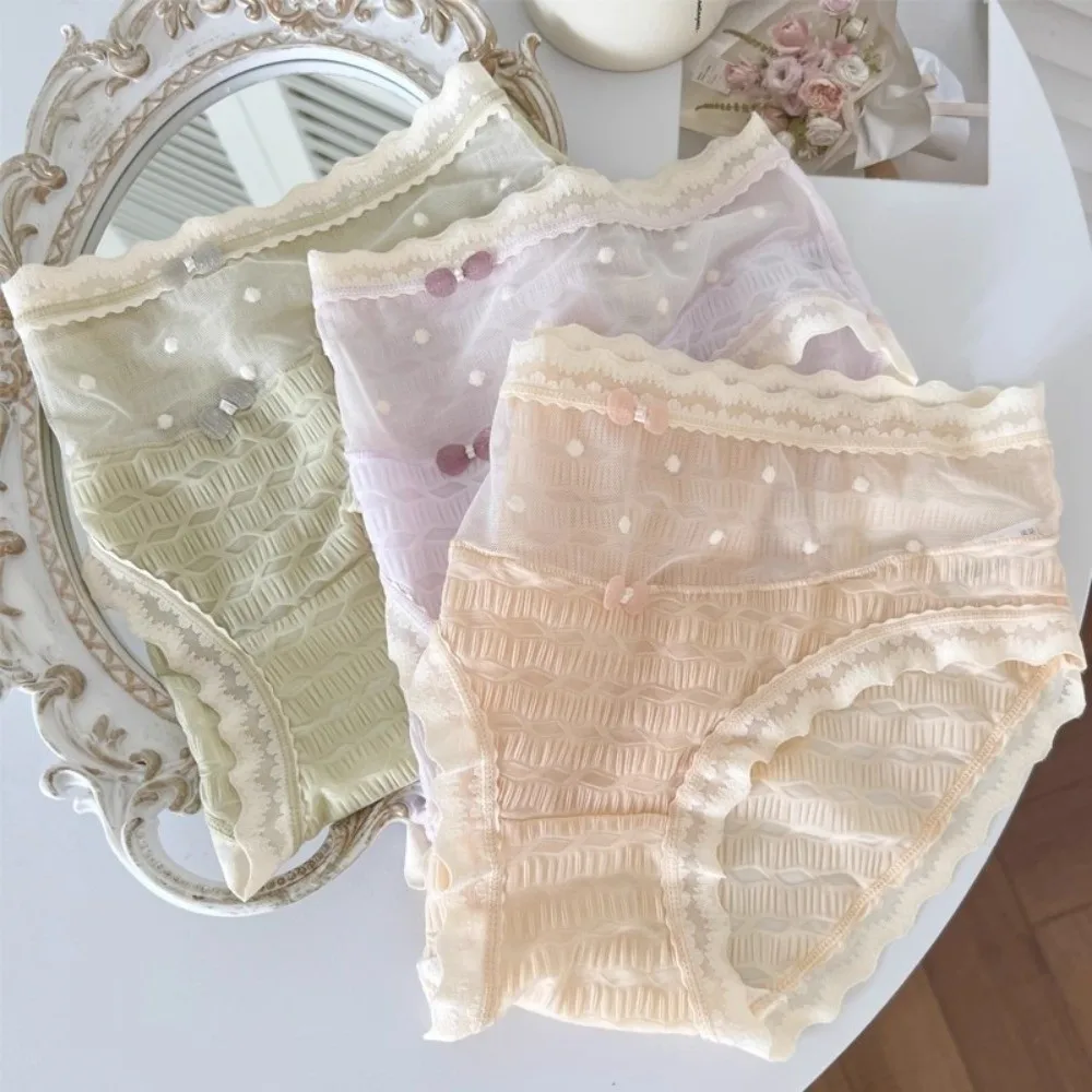 

Mid Waist Lace Seamless Panties Transparent Cotton Crotch Underwear for Women Lingerie Bow Lace Thin Underwear Female