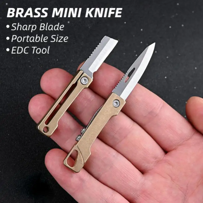 Mini Brass Folding Knife Keychain Stainless Steel Pocket Knives Small Utility Craft Wrapping Box Paper Envelope Cutter