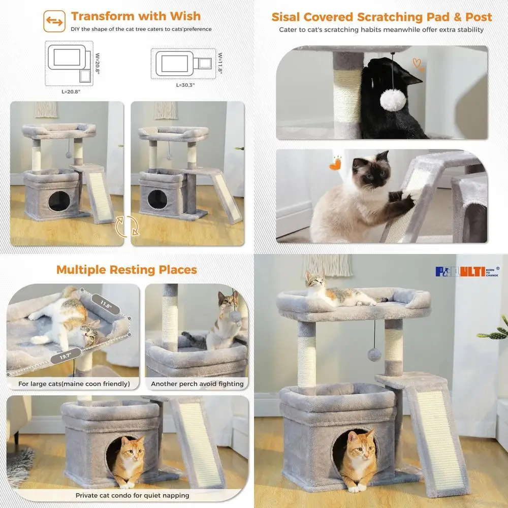 

Большая лежанка-когтеточка для взрослых кошек с широкой платформой, уединенным домиком и сизалевой когтеточкой для домашних кошек, серая