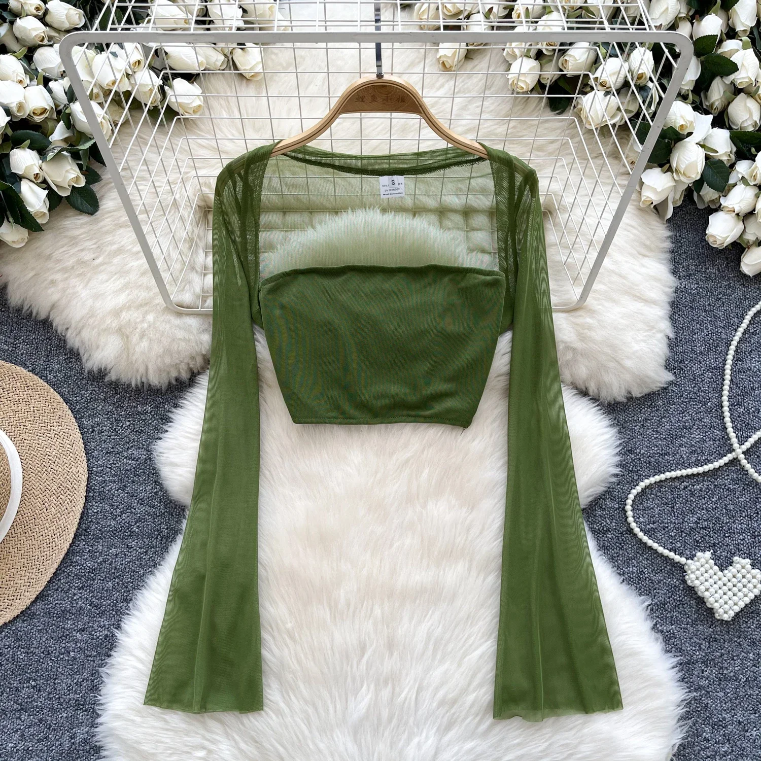 Sexy Hotsweet Two Pieces Sets Tube Top Short Camis Vest with Chic Long Sleeve Mesh Coat Korean Ins Spring Autumn Women Clothing