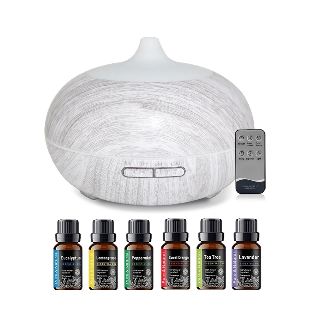 

Aromatherapy Diffuser with 6 Essential Oils 550ml White Wood Grain Design Humidifier Remote Control & 7 Color LED for Relaxation