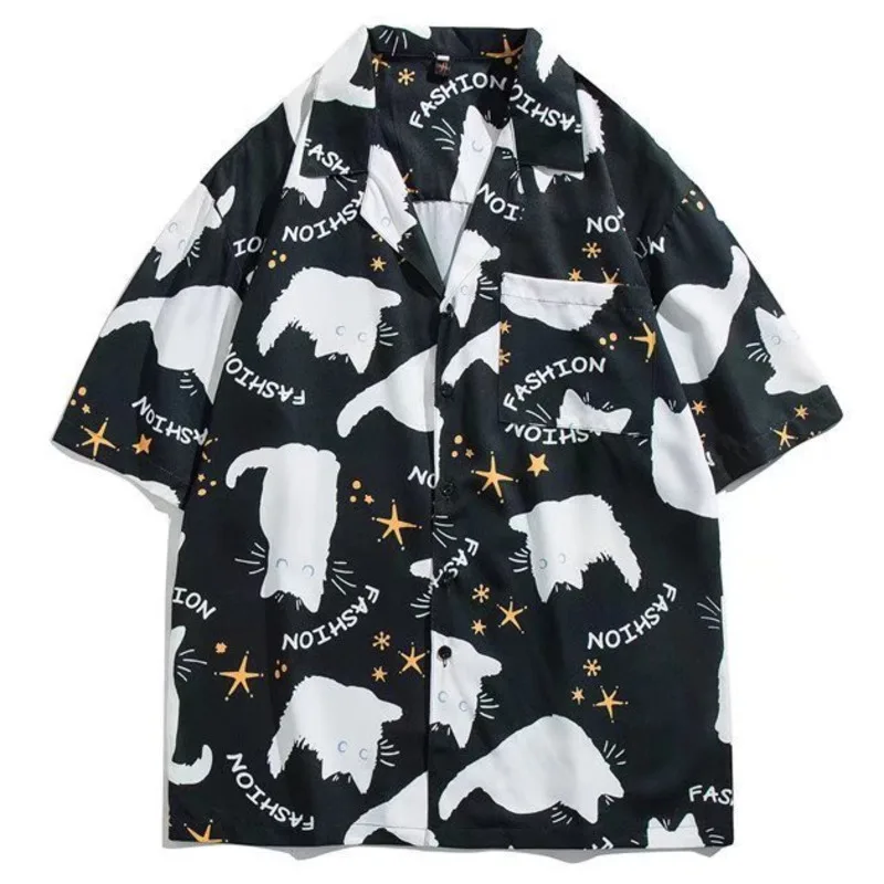 Summer Men Hawaiian Shirt Black Cat Animal 3D Printing Lapel Short Sleeve Plus Size Beach Shirts Street Fashion All-Match Tops