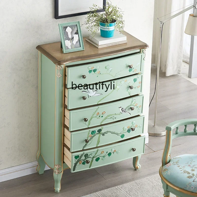 

American Country Old Five Bucket Pastoral Style Painted Storage Locker Living Room Bedroom Side Cabinet Retro