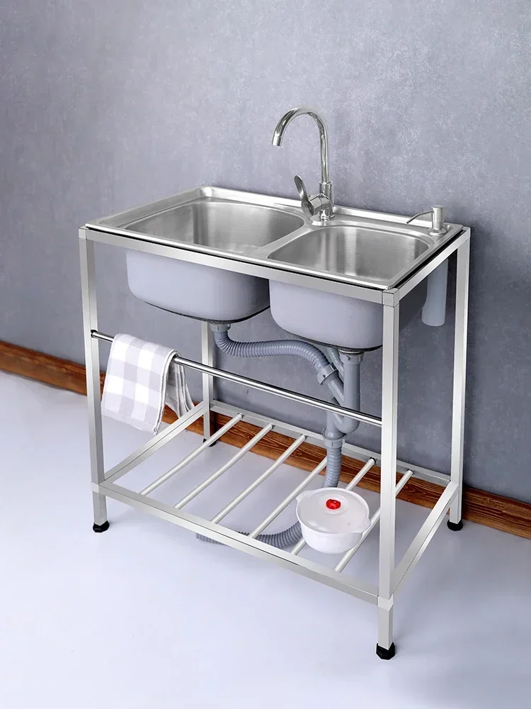 Household Kitchen 304 Stainless Steel Vegetable Basin Double with Bracket  Dishsink Washbasin  Shelf  мойка для кухни 주방 싱크대