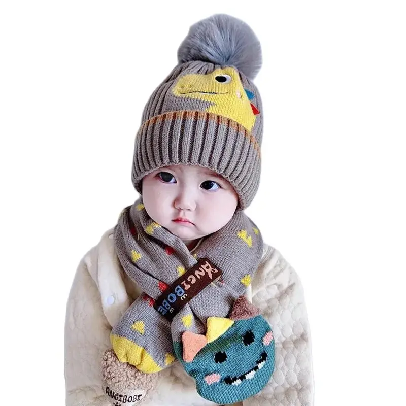 Doitbest 2023 Baby Kids Beanie Sets Dinosaur Rabbit Bear Cartoon 2 Pcs Boys Girls Winter Villus Hat Scarf Set For 2 to 6 Years