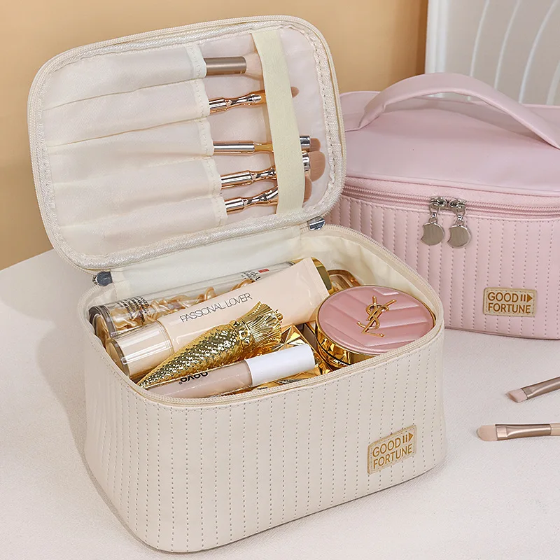 Convenient Makeup Bag PU Solid Color Handheld Toilet Bag Cosmetics Storage Bag Large Capacity Travel Storage  WJ032