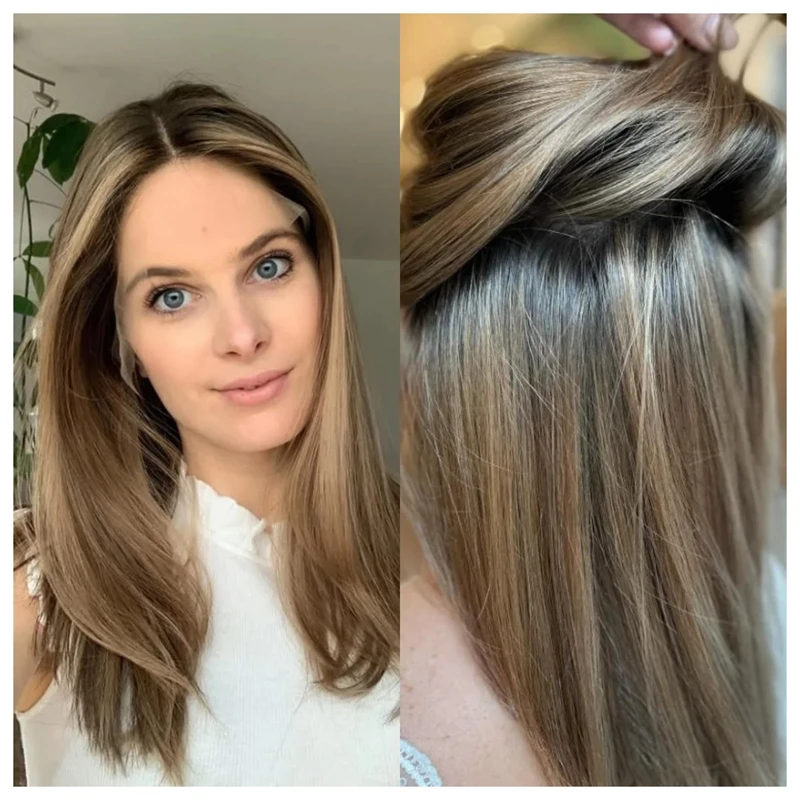 Peruka syntetyczna typu bob, miękka, prosta, ombre, miodowy brąz, blond balayage, z siatką HD lace front, naturalna linia włosów, wstępnie wyregulowana.