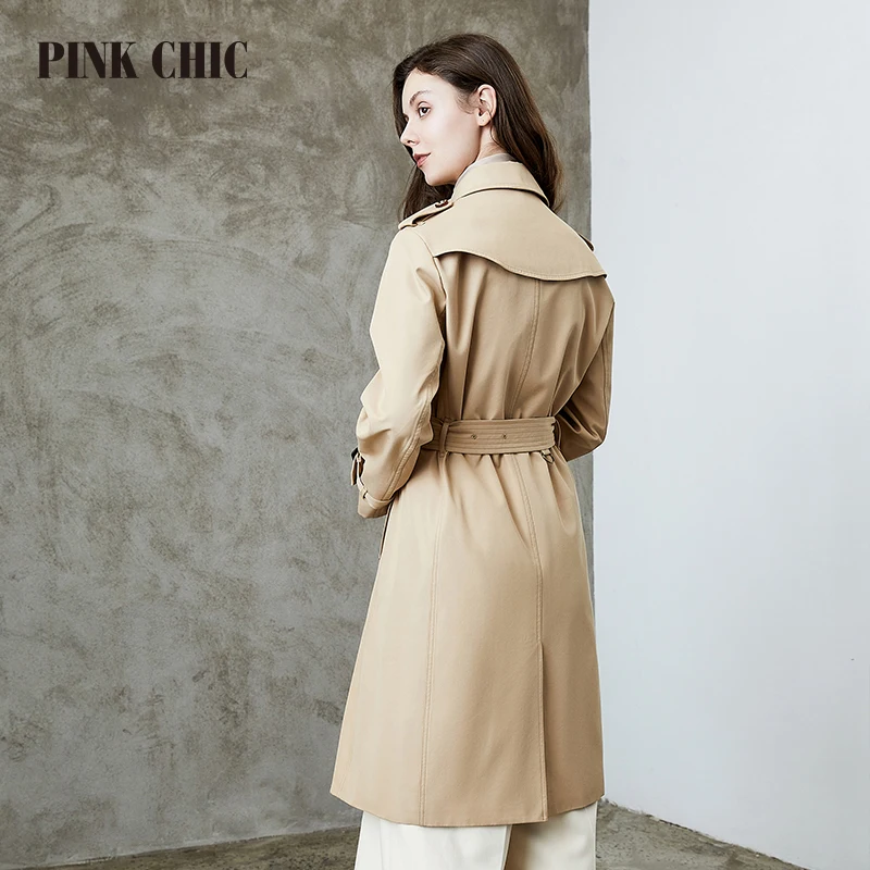 PINK CHIC New Spring Autumn Windbreaker  Mid length Lapel Collar Women Double breasted Waist Belt Retro Coat Grace Trench 667