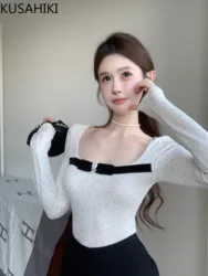 KUSAHIKI Sparkling Korean Style Square Neck Long Sleeved T-shirt for Women Autumn Bow French Niche Chic Tight Spicy Girl Y2k Top