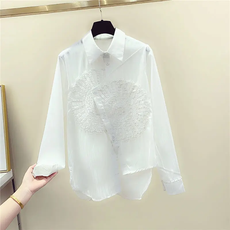 2023 Spring And Autumn White Shirt Women\'s Long Sleeve Design Sense Beaded Lace Panel Irregular Shirt Top Fashion