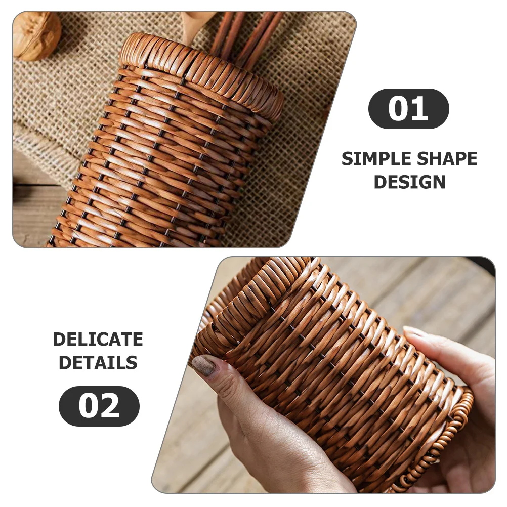 

Hand Woven Imitation Rattan Cutlery Holder Rustic Kitchen Utensils Organizer Countertop Silverware Storage Basket