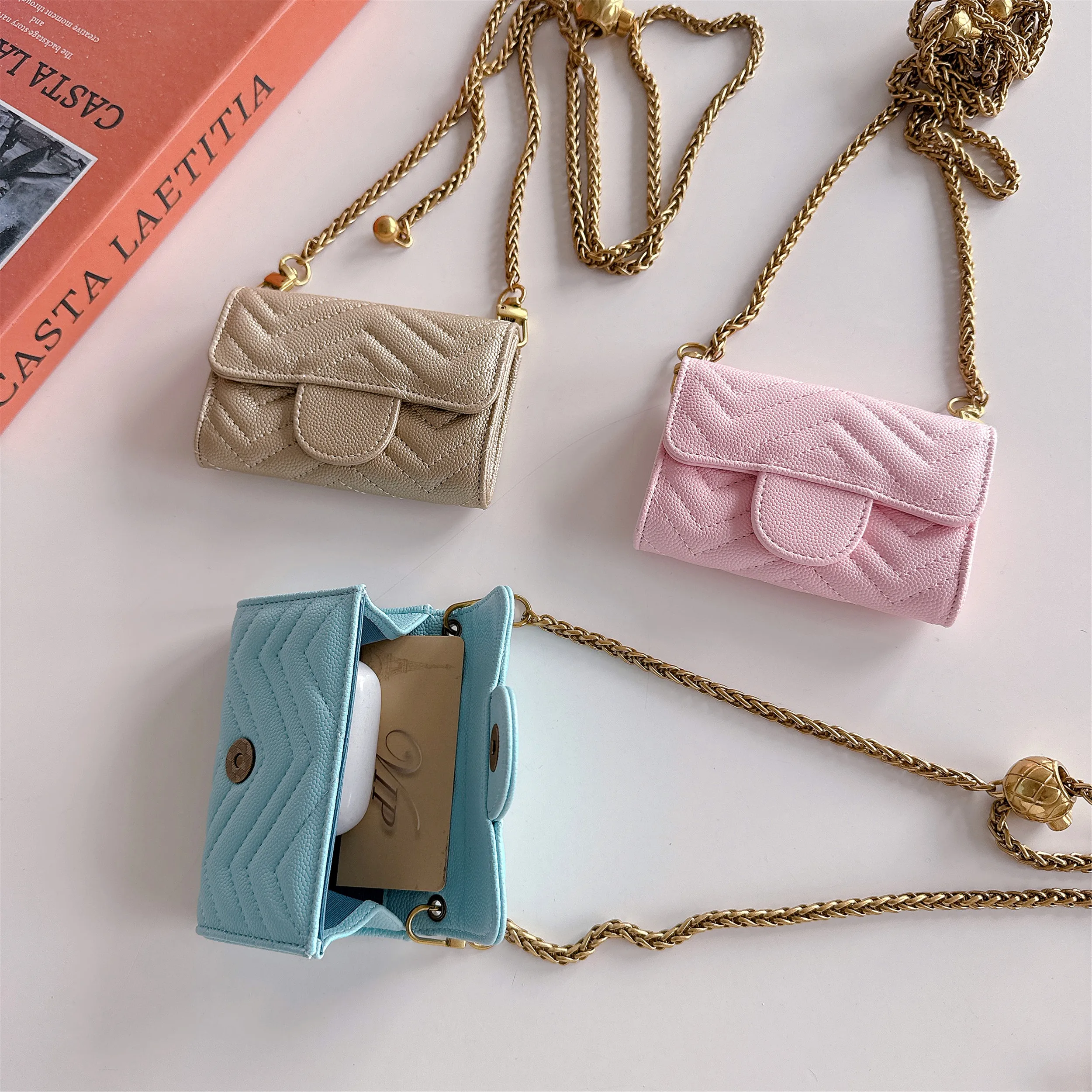 Mini Chevron & heart Functional Wallet Card Holder Crossbody Coin Purse Multi-function Key Bag lipstick clutch For Airpods Case